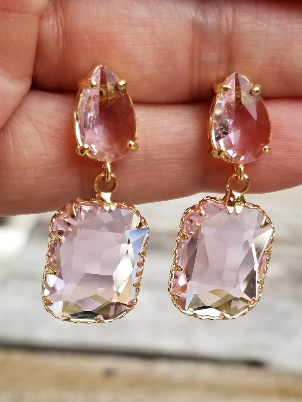 14k Gold Pink Tourmaline Stud Earrings, Rectangular Tourmaline Dangle Earrings
